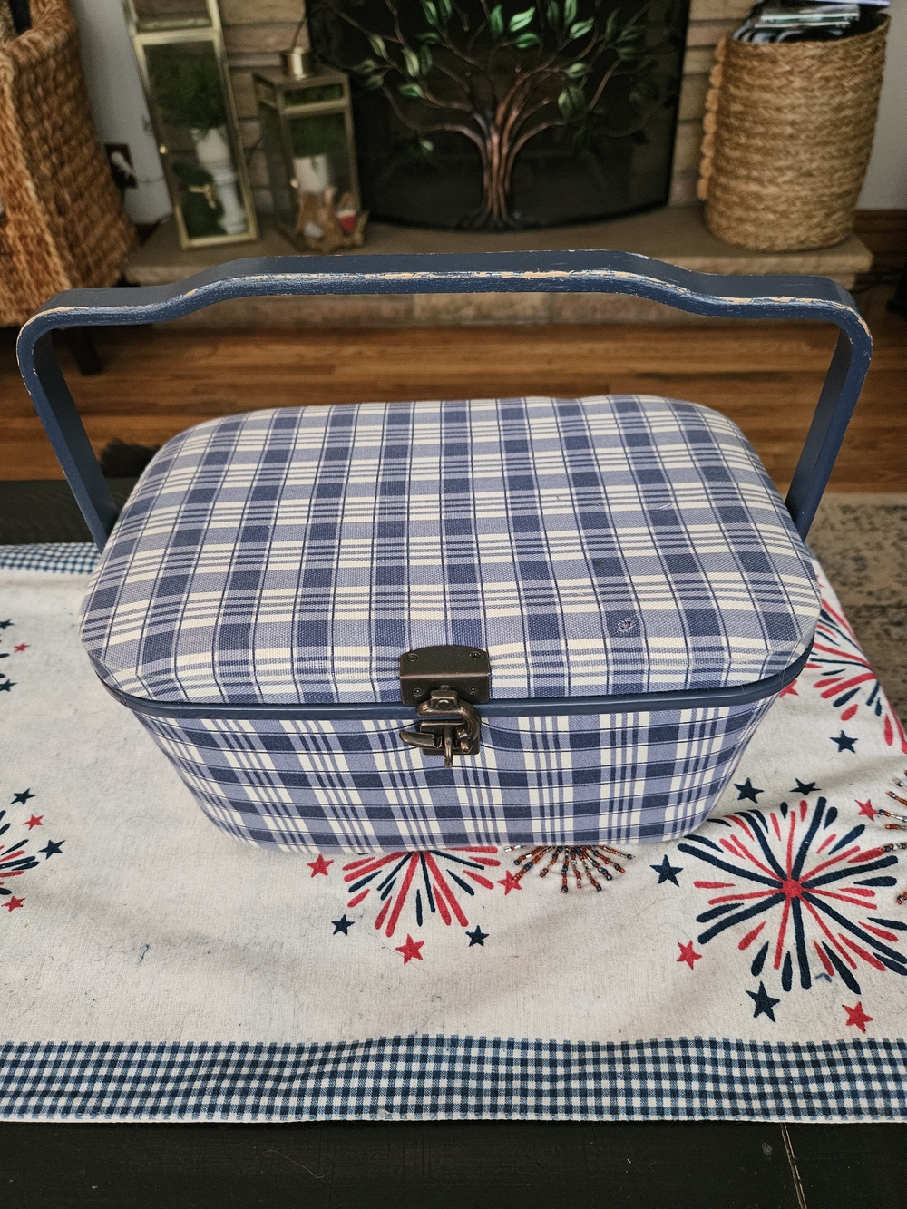 Blue Plaid Sewing Basket with Handle